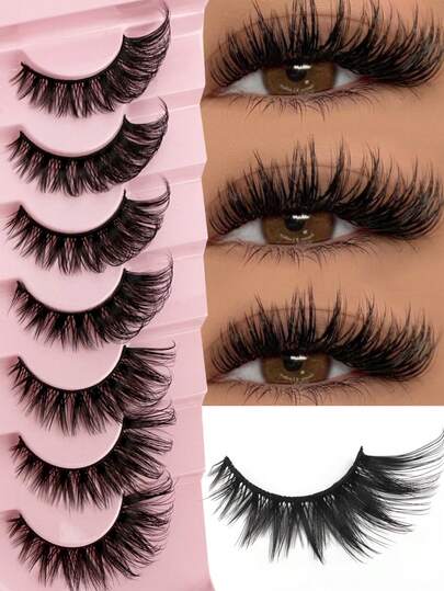 7 par fluffiga tjocka D-lockiga lösögonfransar, nybörjarvänliga och återanvändbara, enkla att applicera, oumbärliga för resor för smink på språng, alla hjärtans dag-present till henne, perfekt för festsmink, dejtkväll, daglig pendling och scenlook, utmärkt present till kvinnor och skönhetsentusiaster