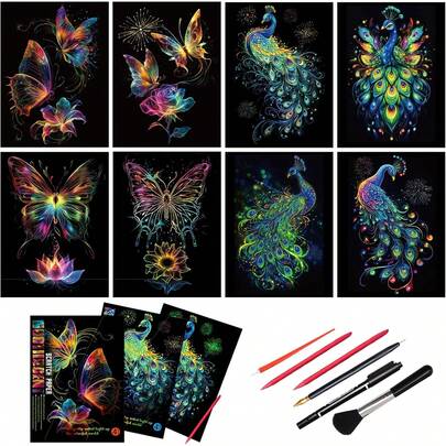 Scratch Art Paper For Adults, 8 Sheets 11.2 X 8.2 Inches,Rainbow Scratch Art DIY Craft Gift 5 Paint By Scratch Tools ( Butterfly & Peacock)