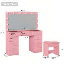 FUSOU Makeup Vanity Desk With Mirror & 12 LED Lights, Vanity Table With 11 Drawers, Power Outlet & Chair, 3 Lighting Modes Adjustable, White - Rosa Pálido - Ver 3