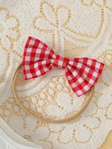 3pcs Baby Girl Casual Daily Fashion Sweet Cute White Knitted Vertical Stripe Sleeveless Round Neck Cherry Embroidery Cardigan Top, Red Plaid Double Layer Cake Skort, And Bow Headband Set, Summer - Red - View 5