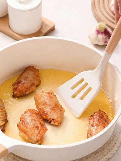 3pcs/Set Cooking Spoon Set With Wooden Handle, Non-Stick Silicone Spatula, Including Wok Spatula, Kitchen Spatula, Wooden Tipping Spatula, Cutlery Set, Silicone Cooking Kitchen Utensil Set Tools