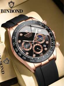 SANDA 男士石英表，硅胶表带，月相、日期、计时功能，防水，运动商务两相宜 - 黑色 - 查看 9