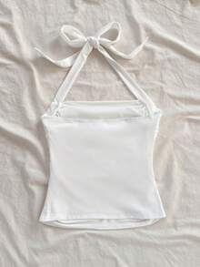 Women's Halter Neck Tie Camisole, Floral & Tropical Print, Lily Knot Backless Ruffle Beach Holiday Top - White - View 5