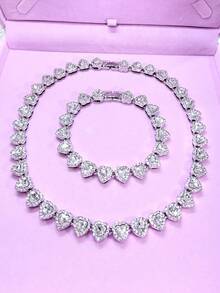 2pcs Heart-Shaped Cuban Link Necklace & Bracelet Set, Unisex, Hip Hop Style, Luxury Jewelry Set, Great Gift For Valentine's Day, Birthday, Christmas - Love - View 1