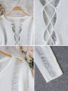 两件套女士针织罩衫，Y2K风格，性感休闲，轻盈镂空系带露脐上衣，适合海滩、度假、街头穿着，春夏皆宜 - 乳白色 - 查看 10