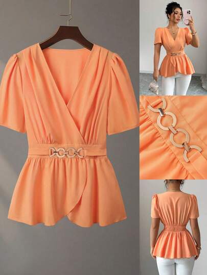Plus Size Women Summer Elegant Commuter Solid Color Metal Decor Cinched Waist Puff Sleeve Slimming Orange Blouse, Suitable For Dates, Office Wear, And Outings