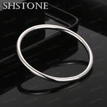 时尚女士925纯银镀层手镯，简约实心光滑手镯，女士魅力首饰，派对生日礼物 - 銀色 - 查看 1