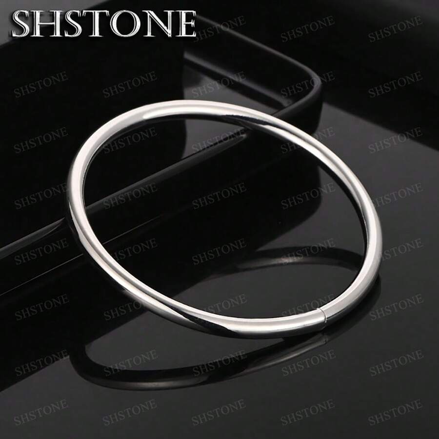 时尚女士925纯银镀层手镯，简约实心光滑手镯，女士魅力首饰，派对生日礼物 - 銀色 - 查看 1