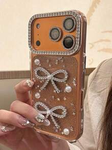 Custodia Pro Max 17 con fiocco in glitter trasparente, decorazione con strass alla moda per iPhone 16/15 Pro/14/13, design unico per donna - Trasparente - Visualizzare 4