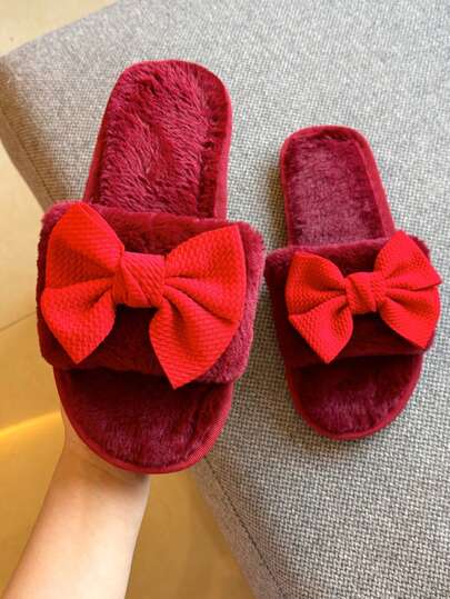 Zapatillas de interior elegantes rojas con lazo antideslizantes para mujer, planas y cómodas de felpa, adecuadas para el Día de San Valentín, el hogar y la boda