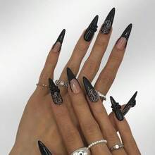 NailLuxe 10 PCS Handmade Stiletto Press - On Nails | Lace Bow Gothic Nails With Peach & Black Bases, Lace & Bow Embellishments For Dark Sweet Styles - 黑色 - 查看 3