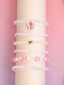 6件套甜美风格手链套装，心形珠子，仿珍珠，蝴蝶吊坠，女孩饰品 - Butterfly - 查看 1