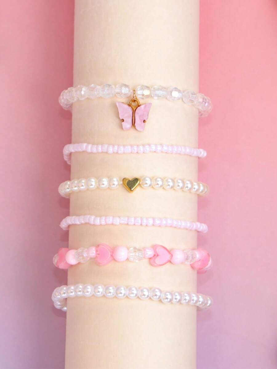 6件套甜美风格手链套装，心形珠子，仿珍珠，蝴蝶吊坠，女孩饰品 - Butterfly - 查看 1