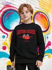 1pc Disney Lightning McQueen Retro Racing Graphic Tween Boys Casual Sweatshirt, Soft & Versatile, Ideal For Back To School & Weekend Hangouts - màu đen - Xem 2