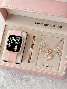 这款时尚优雅的女童LED心形电子手表首饰套装包含心形手链、项链、戒指和耳环，适合女孩、学生佩戴，也适合日常上学、聚会、旅行等场合，是送给朋友、生日、圣诞节和其他节日的完美礼物。 - 粉色 - 查看 10