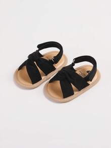 婴幼儿男女童夏季凉鞋，露趾蕾丝公主裙平底婚鞋，新生儿学步鞋软底防滑 - 黑色 - 查看 5