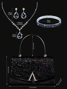 闪亮亮片女士晚宴手提包，奢华A字型派对包，优雅新款女士婚礼礼品包，配有闪亮水晶吊坠首饰套装，包括项链、耳环和手链，非常适合派对、舞会、晚宴和聚会。 - 黑色 - 查看 3