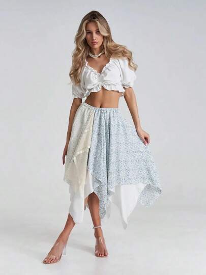 Solstice Apparel French Countryside Floral Patchwork Irregular Midi Skirt, High Waist Flattering A-Line Skirt, Cottagecore Spring Summer