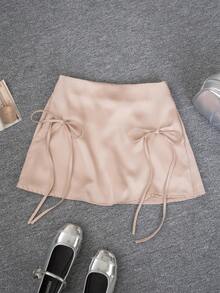 Pink Bowknot Pleated A-Line Mini Skirt For Women, Slim Fit, Lined, Side Zipper, Summer - Pink - View 8