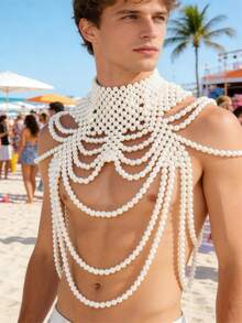 1pc White Men Heavy Duty Multi-Layered Hollowed-Out Adjustable Braided Beaded Pearl Cover-Up Halterneck Tie Gift Body Accessory For Beach, Nightclub, Parties - White - View 2