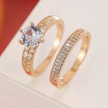 2 Pieces Copper Ring Set For Women, Elegant Retro Bridal Layering Ring With Sparkling Zirconia, Daily/Wedding Jewelry, Valentine's Day Gift - Wedding Rings 5 - View 9