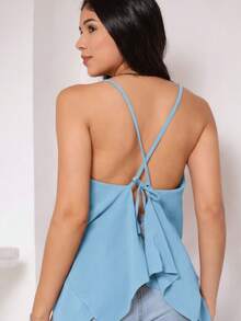 Women's Blouse, Tie-Front Cropped Top With Two Ruffles, Casual, Elegant, Summer - Màu xanh lam - Xem 2