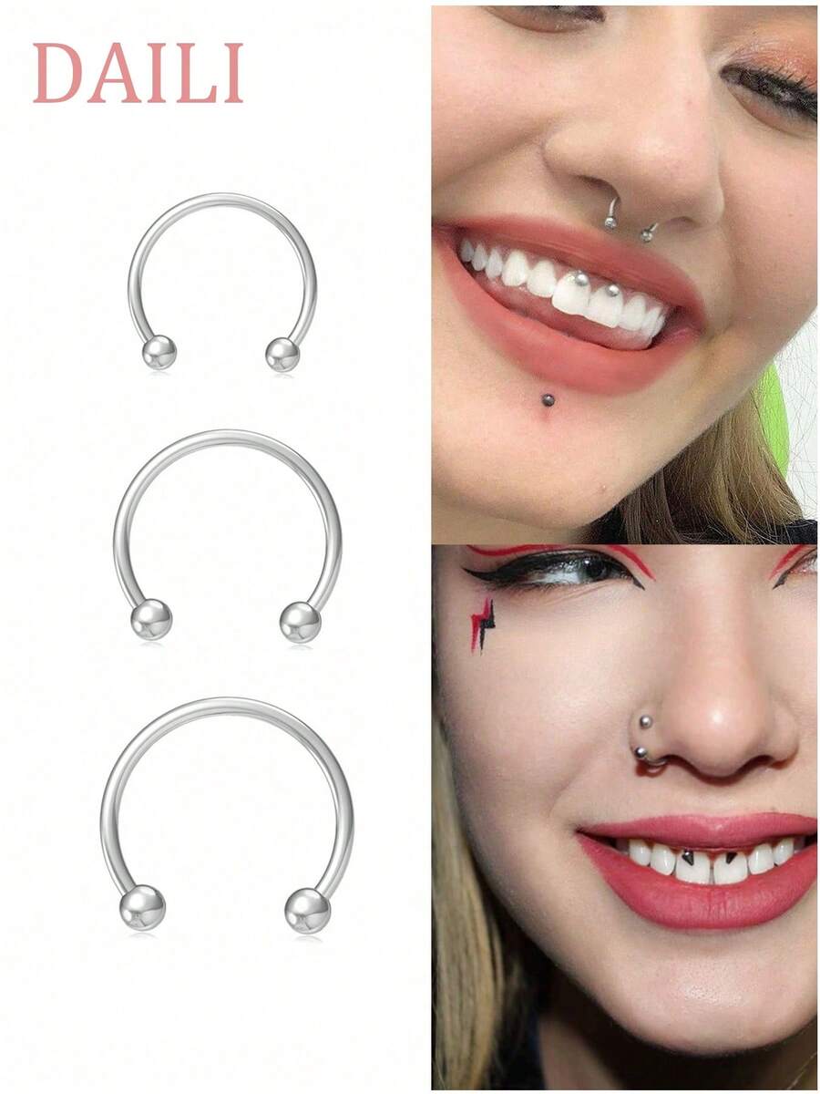 DAILI 3件套/8件套 16G 马蹄形鼻中隔环 医用钢鼻穿饰品 鼻中隔马蹄形耳环 眉钉 耳骨钉 唇钉 环球和尖钉 6-12mm - 馬蹄形隔膜鼻環 - 查看 1