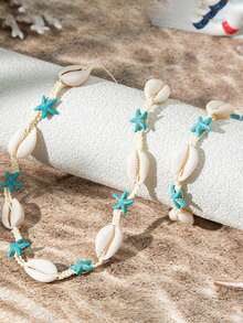 1 Set Of 2pcs Ocean Themed Cartoon Shell Necklace + Adjustable Starfish Necklace Bracelet Jewelry, Unique Design - Set - View 2