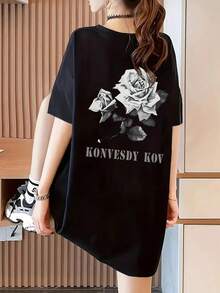 Women's Casual Rose & Letter Print Loose Fit Round Neck Short Sleeve T-Shirt, Spring/Summer - Black - View 2