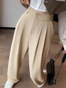 女式纯色前双扣修身长裤