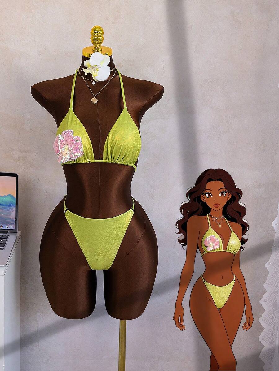 Bright Yellow 3D Floral Bikini, Sexy & Slimming Separate Swimwear - Yellow - View 1