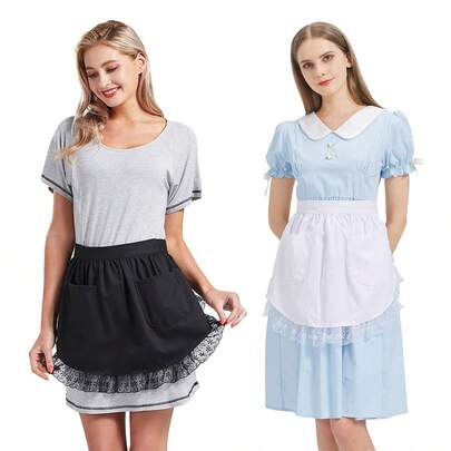 1pc Maid Apron, Waist Apron, European Style Solid Color Ruffled Hem Half Apron, Lace Trim Apron, Cute Retro Half Apron With Pockets For Cooking, Kitchen, Housework