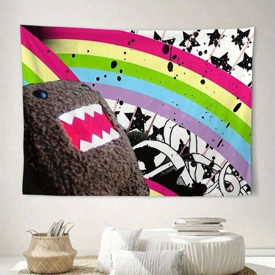 ZLIENSZUS Domo Kun Wall Tapestry - Vibrant Rainbow Graffiti Art With Stars & Playful Character   Soft Peach Light Beige Polyester Fabric  Horizontal Hanging Decor For Living Room  Bedroom   Camping - Machine Washable Modern Home Accent  Room Decoration  Whimsical Design  Highquality Print  Statement Piece   College Dorm - 彩色 - 查看 1