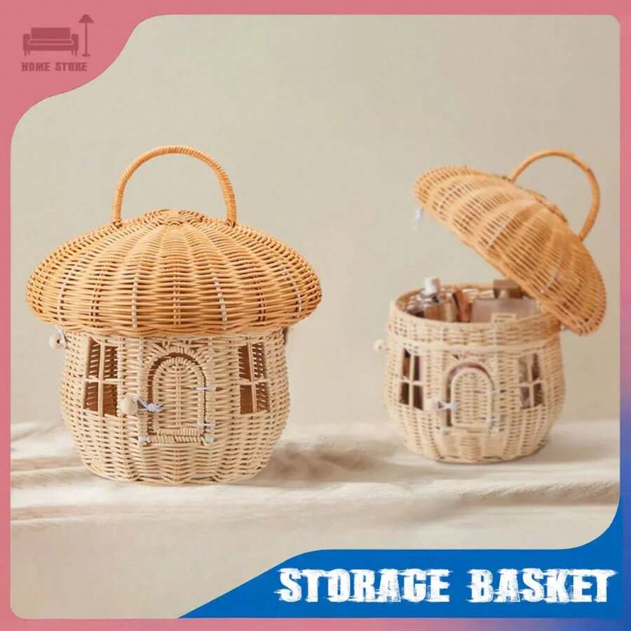 Cesta de almacenamiento con tapa, organizador de almacenamiento tejido, cestas de hongos de ratán hechas a mano, caja decorativa de escritorio, bolsa de mano, artículos para el hogar - piñas mini - Ver 1