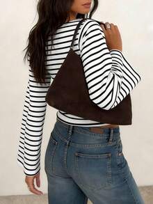 Striped Contrast Ribbed Long Sleeve T-Shirt For Women, Casual & Homewear Spring - Black and White - View 2
