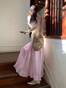 甜美女孩粉色格子高腰A字中长裙，夏季青春泡泡裙 - 粉色 - 查看 3