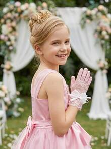 1 Pair Girls' Bubble Bow Lace Gloves, Pink, For Ages 4-12 Years - 1Pair - View 8