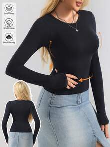 1pc Women's Casual Crew Neck Long Sleeve Warm T-Shirt, Seamless Soft Comfortable Minimalist Base Layer Top, Suitable For Daily Wear, Workout, Fitness - Black - View 4