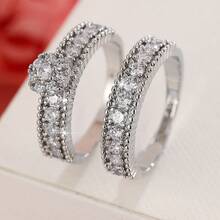 女士两件套铜戒指，优雅复古新娘叠戴戒指，镶嵌闪亮锆石，日常/婚礼首饰，情人节礼物 - 婚禮對戒1 - 查看 25