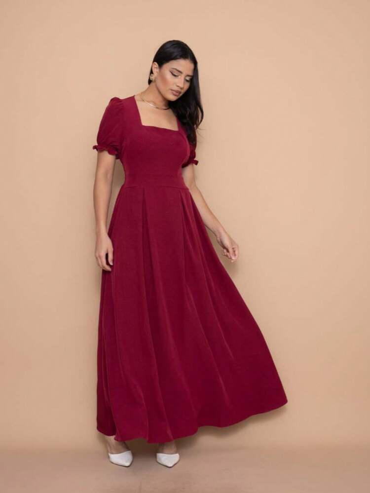 Helena Long Dress, Plain Crepe Fabric, Elasticated Back, Short Sleeves. - Redwood - View 1