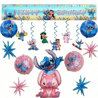 Juego de decoración para fiesta de cumpleaños con temática de Stitch de , adecuado para fiestas de cumpleaños, reuniones familiares, incluye globos de látex, decoraciones colgantes, aplicable para cumpleaños, vacaciones, eventos y fiestas