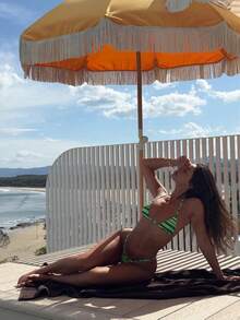 Bộ đồ bơi mùa hè dành cho nữ, bikini tam giác hai mảnh dây mảnh kẻ sọc có dây buộc, áo tắm ôm sát gợi cảm, bộ bikini kẻ sọc phối màu tương phản, bộ đồ bơi thời trang cho kỳ nghỉ biển. - Nhiều màu - Xem 6