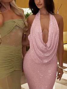 优雅性感针织露背深V领无袖派对连衣裙 - 粉色 - 查看 9