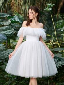 Faeriesty 女士露肩荷叶边网纱公主裙，优雅白色多层蓬松迷你晚礼服，轻盈飘逸，适合派对、度假、新年、海滩等场合 - 白色 - 查看 7