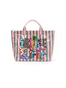 Pvc Striped Tote With "Cruise-Life" And Marine Life,Large Capacity Lightweight Handbag With Vertical & Horizontal Stripes | Multifunctional Commuter Travel,Fashiona Casual Pvc Striped Tote Bag, Heavy-Duty Durable Handbag, Fixed Shoulder ,Women's Large Capacity Shopping Bag Tote Bag, Suitable For Commuting And Travel Storage Bag, Suitable For Shopping, Stylish Casual Handheld Shoulder Purse - Multicolor - View 13