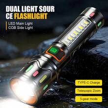 1pc Multi-Function Dual Light Flashlight: LED Spotlight + COB Flood Light/Red-Blue Warning Flash/Car & Outdoor Emergency Light - Multicolor - View 2
