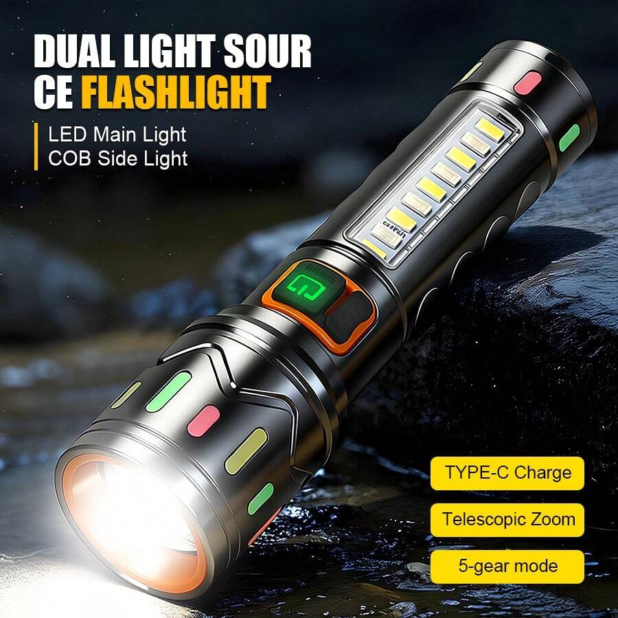 1pc Multi-Function Dual Light Flashlight: LED Spotlight + COB Flood Light/Red-Blue Warning Flash/Car & Outdoor Emergency Light