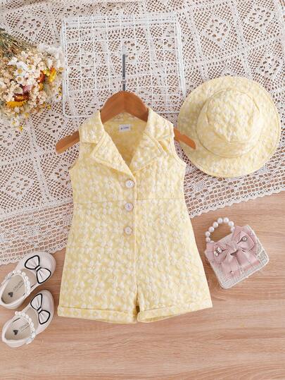Summer Baby Girls Fashionable Floral 3D Vest Romper & Bucket Hat Outfit
