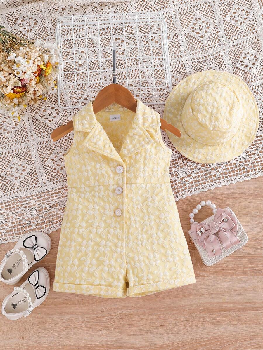 Summer Baby Girls Fashionable Floral 3D Vest Romper & Bucket Hat Outfit - Yellow - View 1