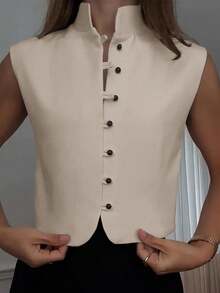 Camiseta de tirantes de tela tejida de unicolor elegante para mujer, casual de verano en rojo - Albaricoque - Ver 4